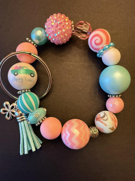 Easter Car Beaded Wristlet Keychain | Pastel Spring Bunny Egg Hunt Accessory - Easter Joyride