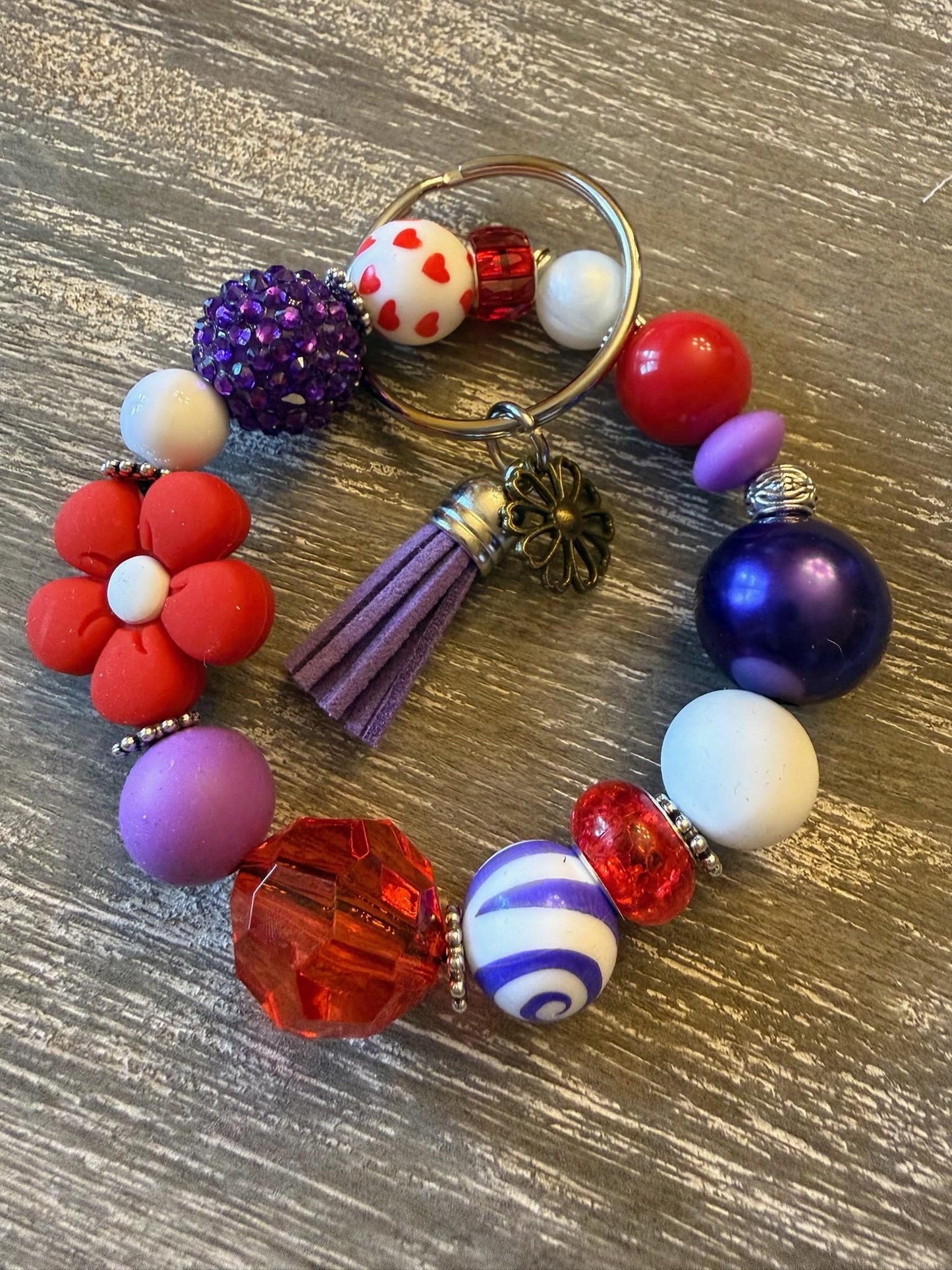 Berry Bloom Beaded Wristlet Keychain Bracelet | Floral Silicone, Acrylic Beads, Tassel Charm