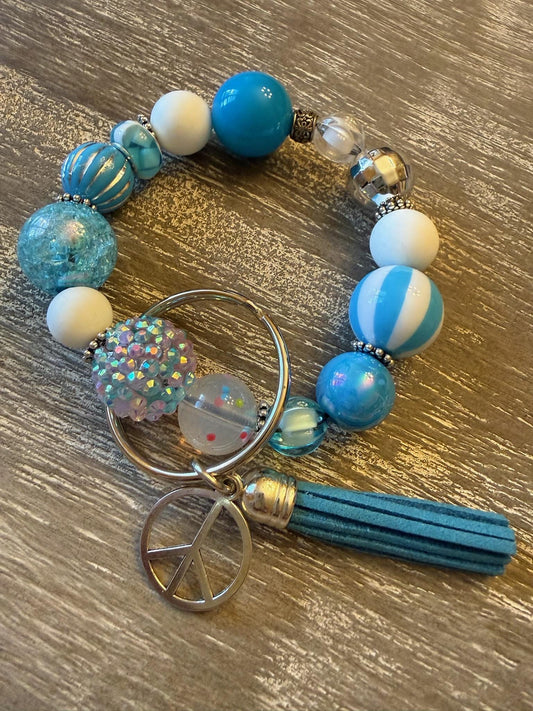 Beaded Wristlet Keychain Bracelet | Blue Ocean Beach Summer Style Peace Charm Tassel
