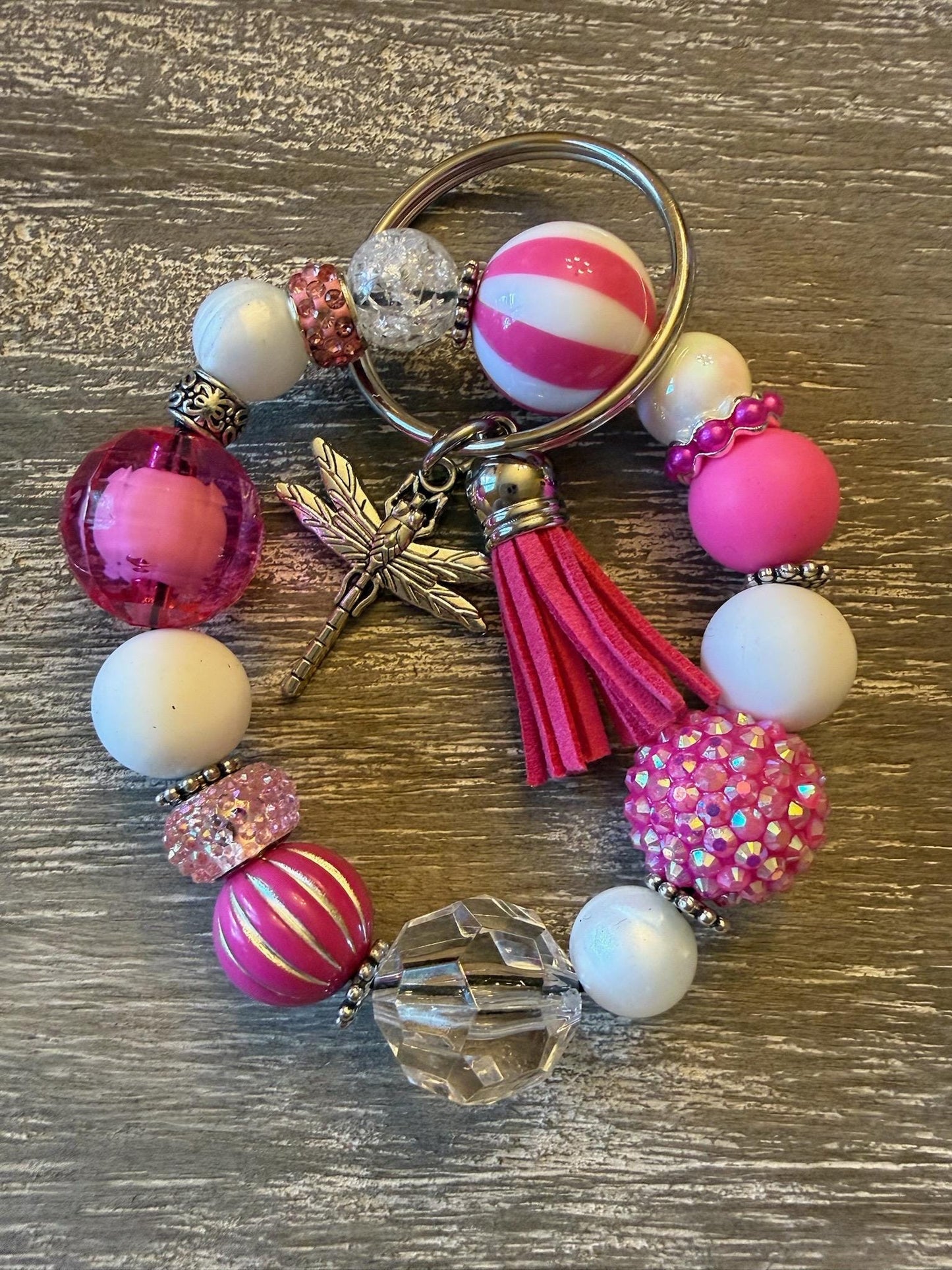 Pink Lemonade Beaded Wristlet Keychain Bracelet | Sparkly Tassel Dragonfly Charm