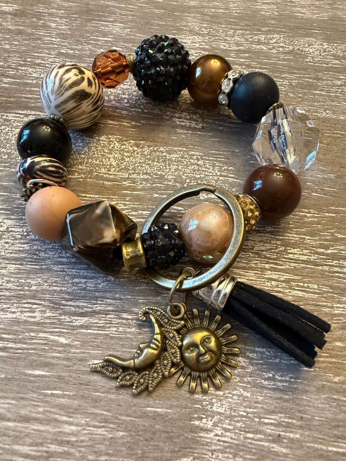Celestial Ember Beaded Wristlet Keychain Bracelet | Boho Sun Moon Charm Keyring