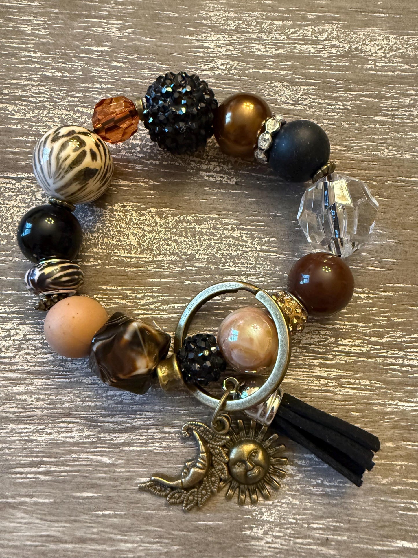 Celestial Ember Beaded Wristlet Keychain Bracelet | Boho Sun Moon Charm Keyring