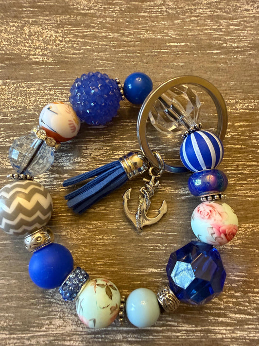 Chunky Beaded Keychain Bracelet | Blue Tassel Wristlet Key Ring