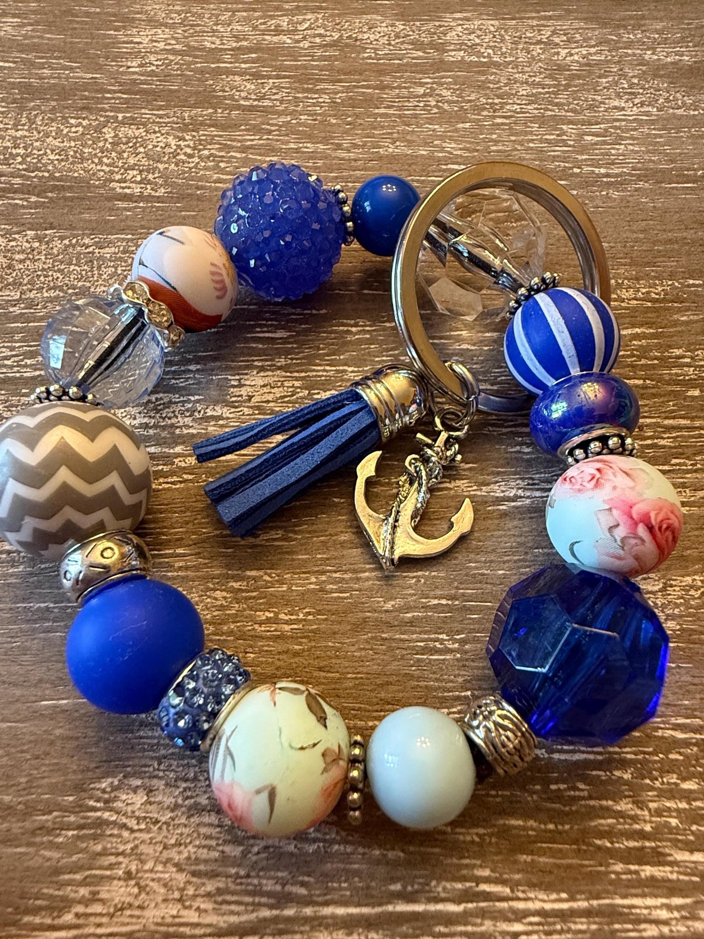 Chunky Beaded Keychain Bracelet | Blue Tassel Wristlet Key Ring