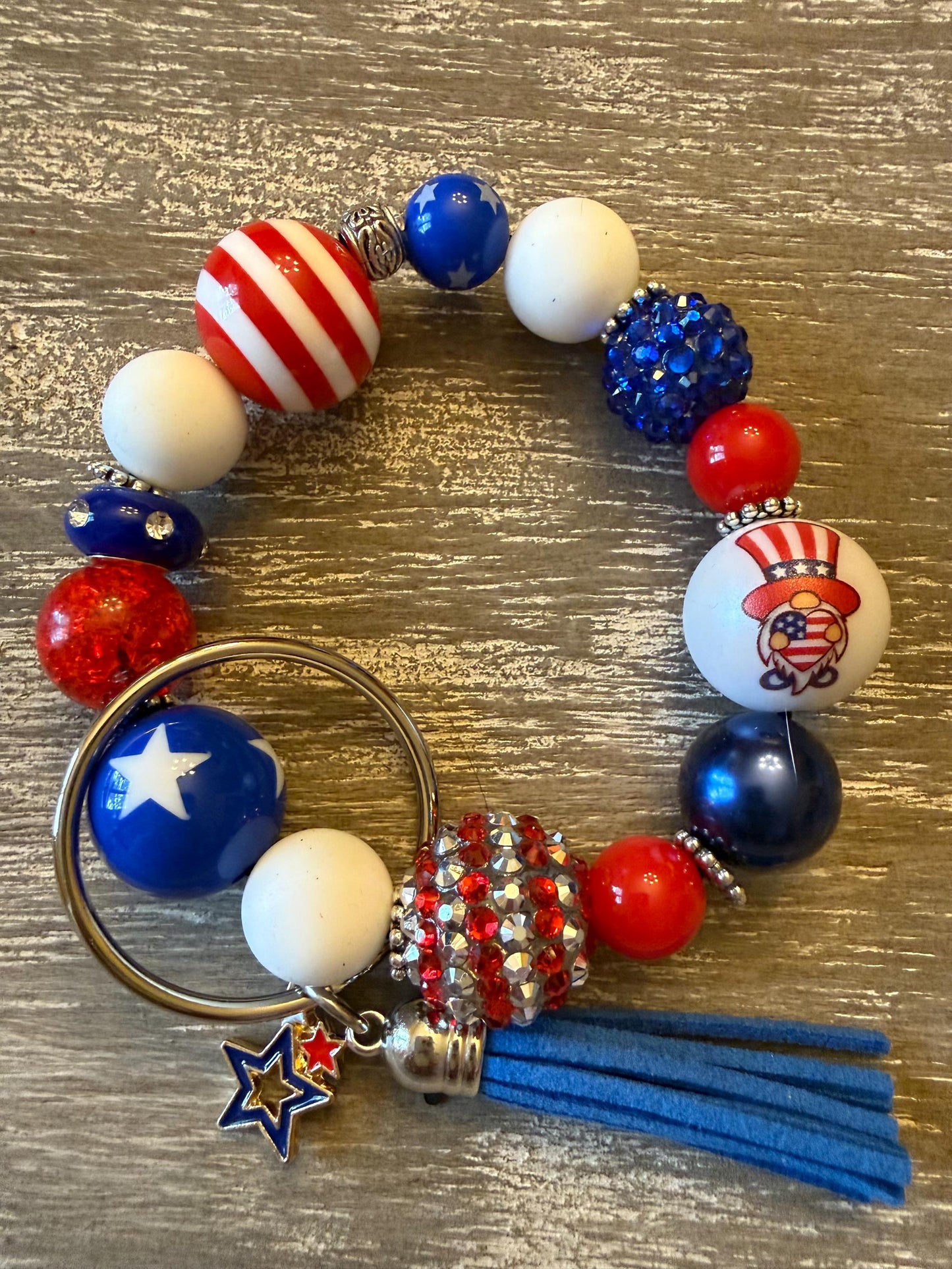 Red White Blue Beaded Wristlet Keychain | Patriotic Star Tassel Charm, Americana Style-Star Spangled Sparkle