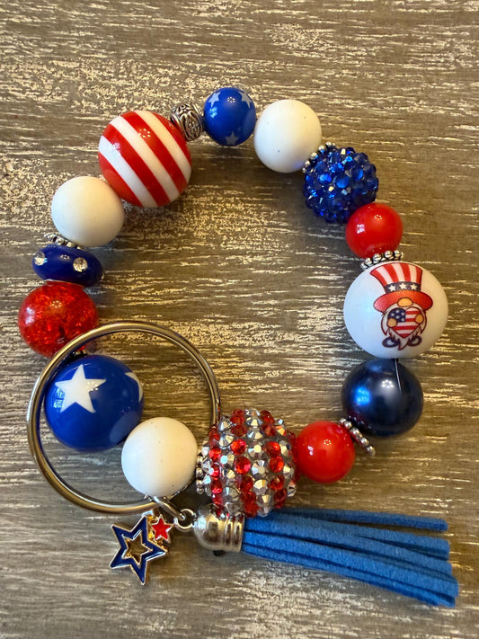 Red White Blue Beaded Wristlet Keychain | Patriotic Star Tassel Charm, Americana Style-Star Spangled Sparkle