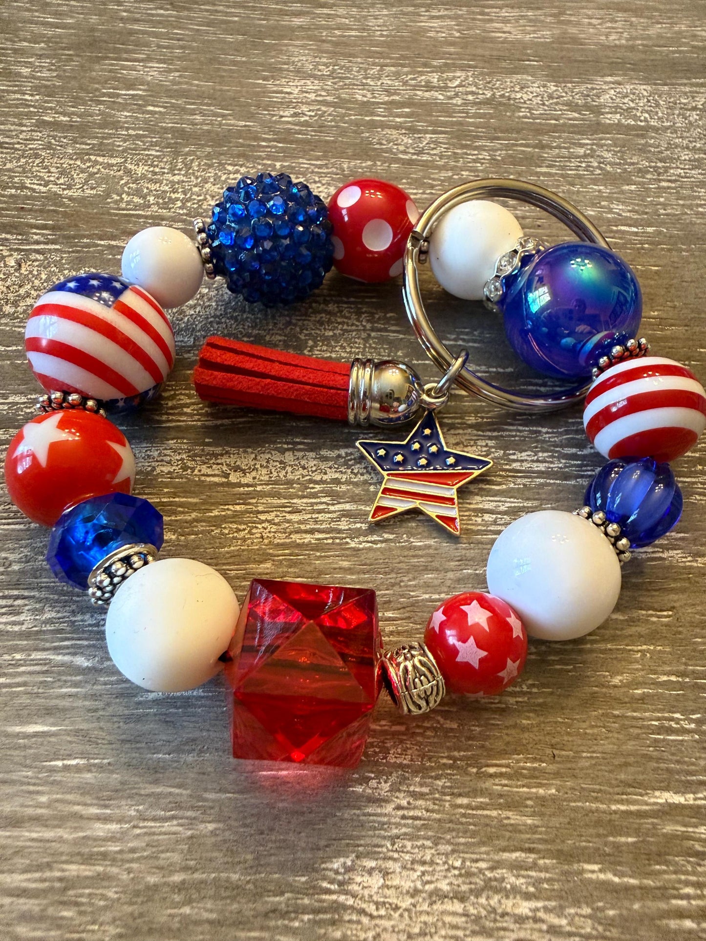 Beaded Wristlet Keychain | Red White Blue Patriotic Americana Star Tassel Charm-Liberty Pop