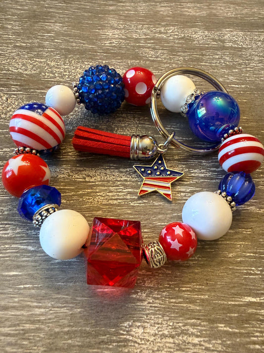 Beaded Wristlet Keychain | Red White Blue Patriotic Americana Star Tassel Charm-Liberty Pop