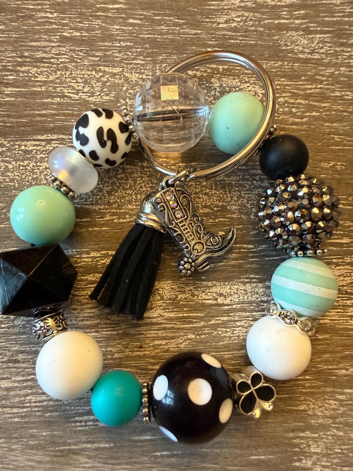 Beaded Wristlet Keychain | Turquoise Black Western Cowboy Boot Charm Tassel Bag -Midnight in Nashville