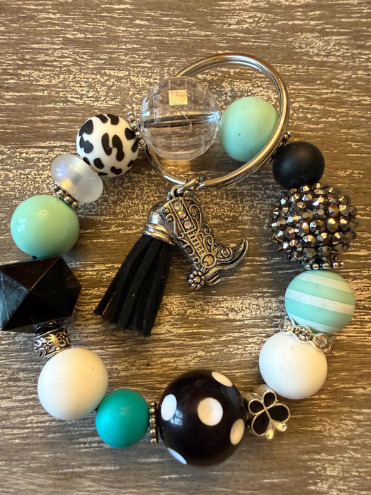 Beaded Wristlet Keychain | Turquoise Black Western Cowboy Boot Charm Tassel Bag -Midnight in Nashville