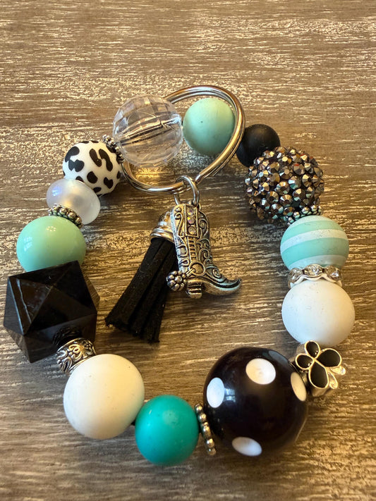 Beaded Wristlet Keychain | Turquoise Black Western Cowboy Boot Charm Tassel Bag -Midnight in Nashville