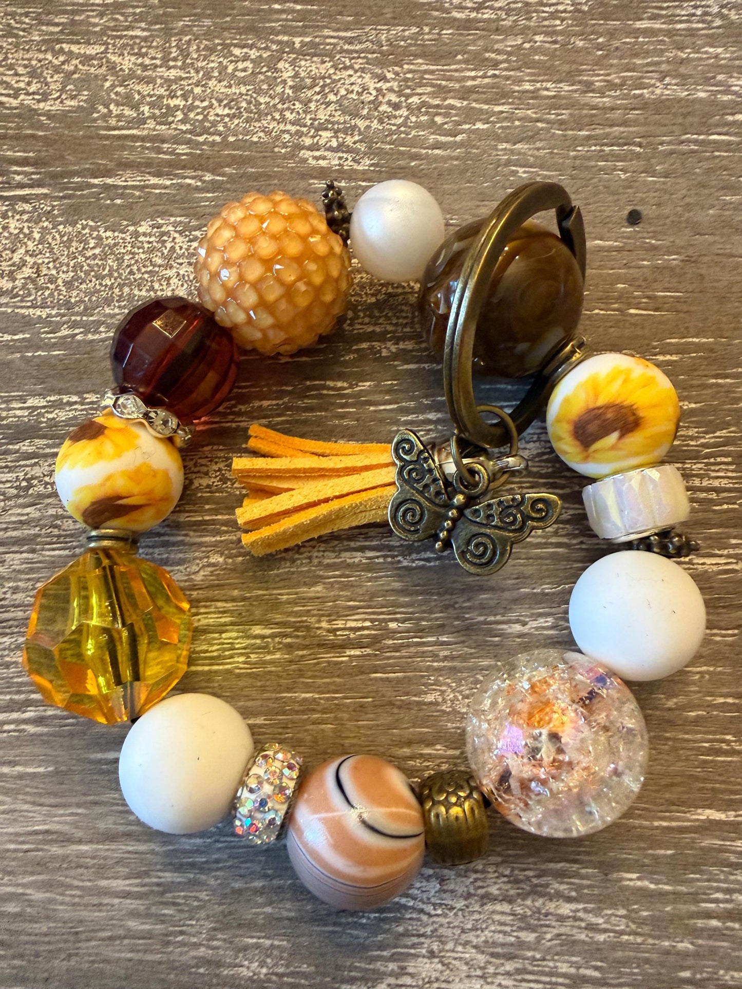 Sunflower Beaded Wristlet Keychain Bracelet – Autumn Gold Tassel Accessory-Sunflower Sunset