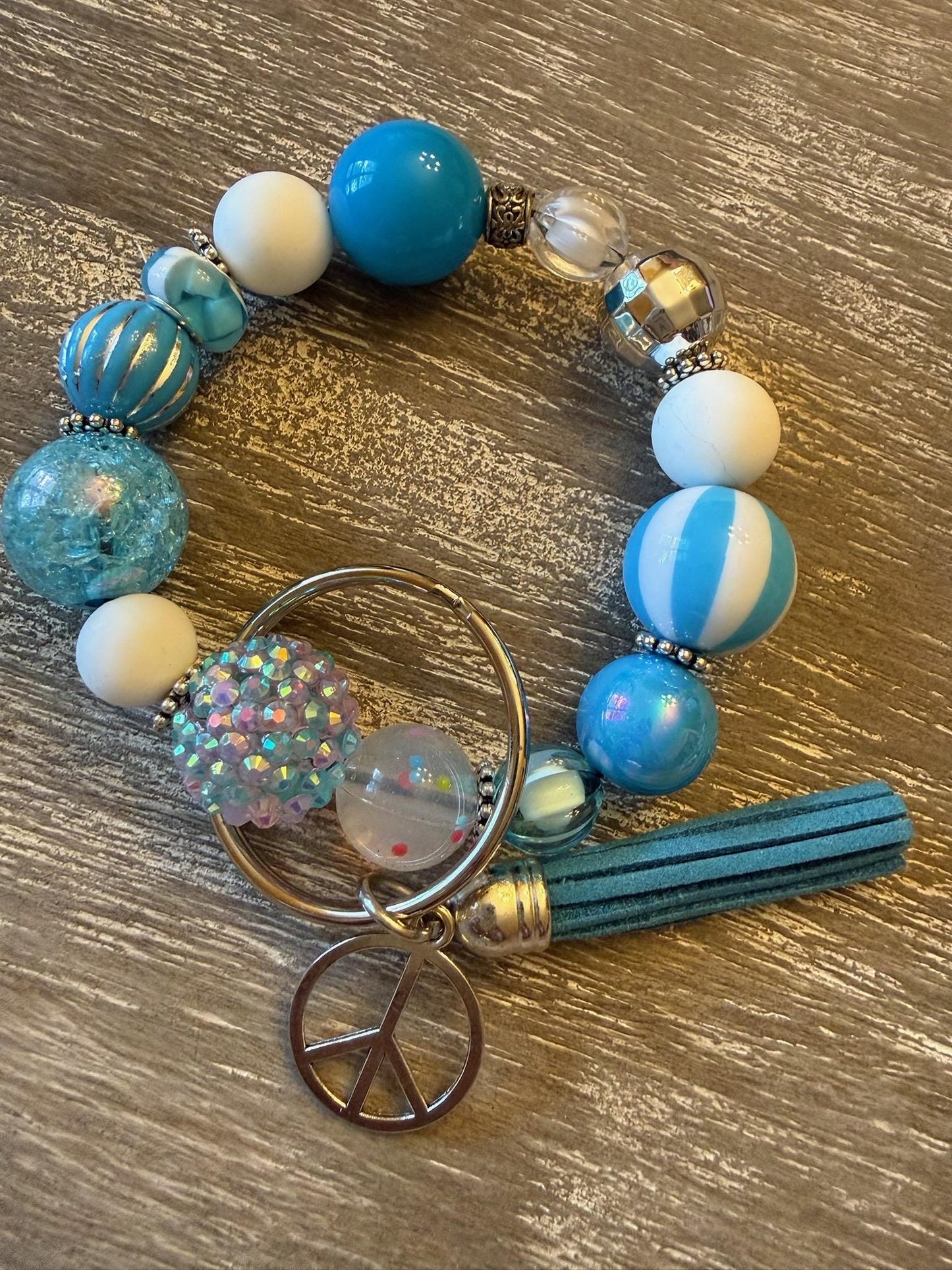 Beaded Wristlet Keychain Bracelet | Blue Ocean Beach Summer Style Peace Charm Tassel