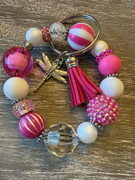 Pink Lemonade Beaded Wristlet Keychain Bracelet | Sparkly Tassel Dragonfly Charm