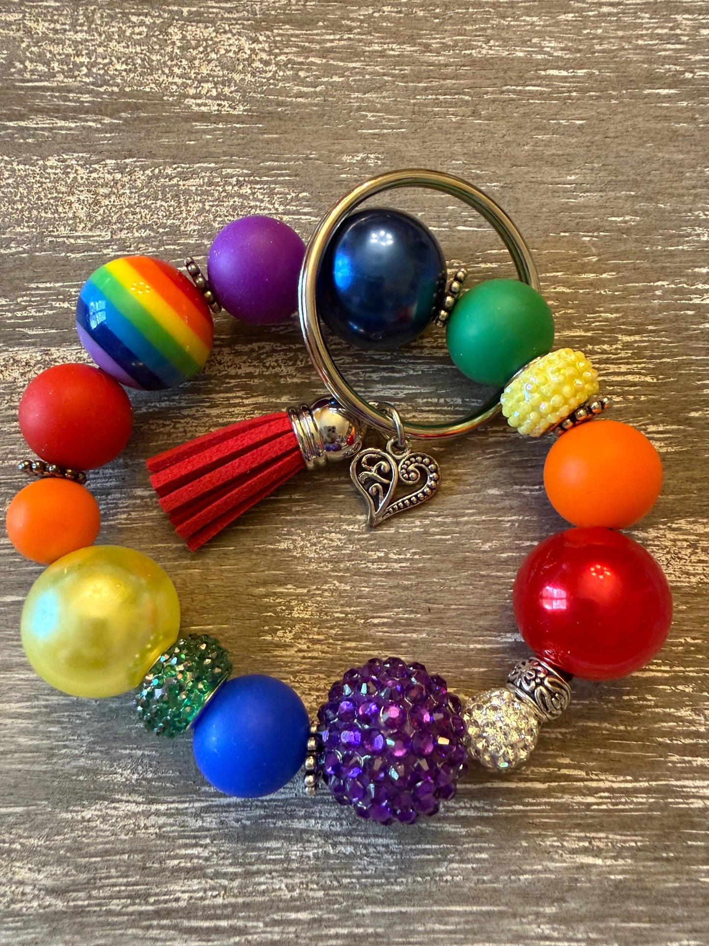 Rainbow Beaded Keychain Bracelet Wristlet: Silicone Bead Key Ring |True Colors
