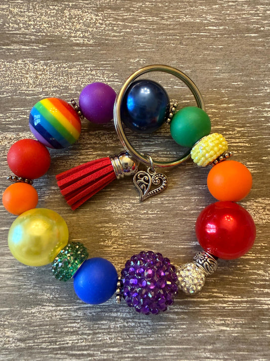 Rainbow Beaded Keychain Bracelet Wristlet: Silicone Bead Key Ring |True Colors