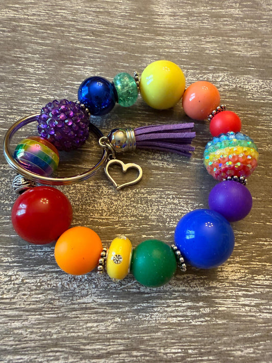 Rainbow Beaded Keychain Bracelet: Silicone Wristlet with Love Charm | Love in Color