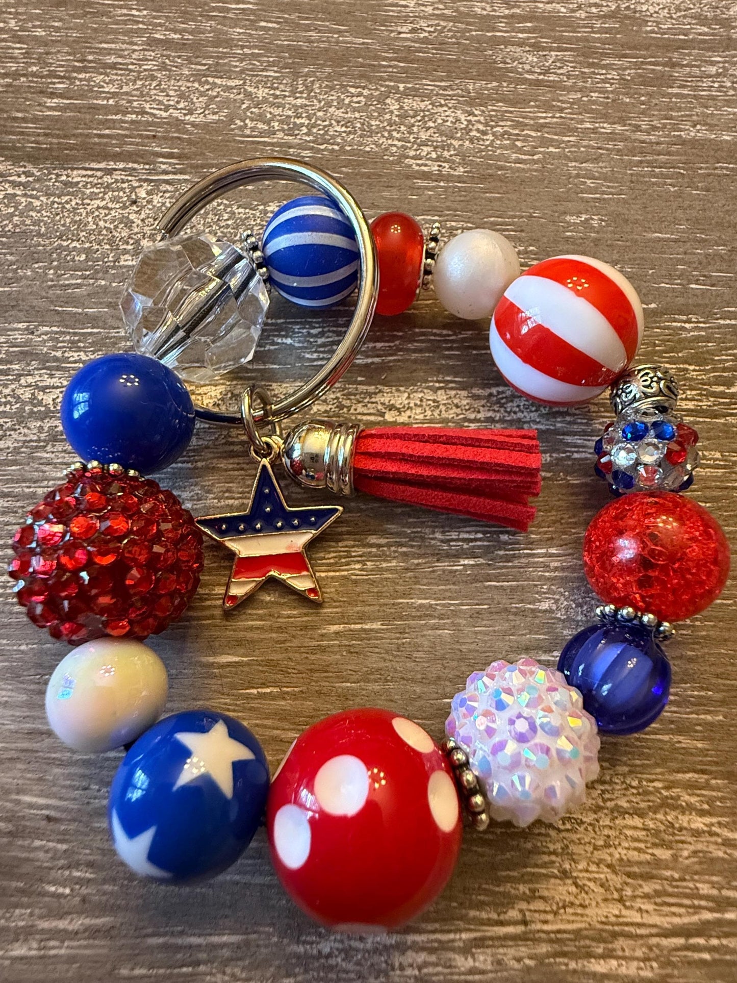 Red, White & Bling Keychain Wristlet Key Ring