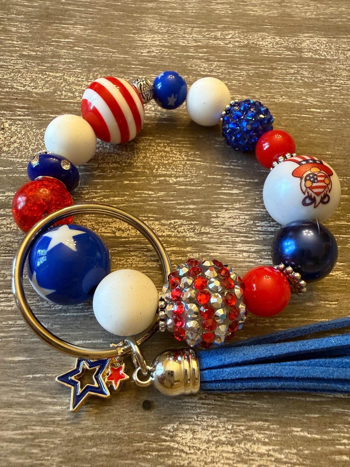 Red White Blue Beaded Wristlet Keychain | Patriotic Star Tassel Charm, Americana Style-Star Spangled Sparkle