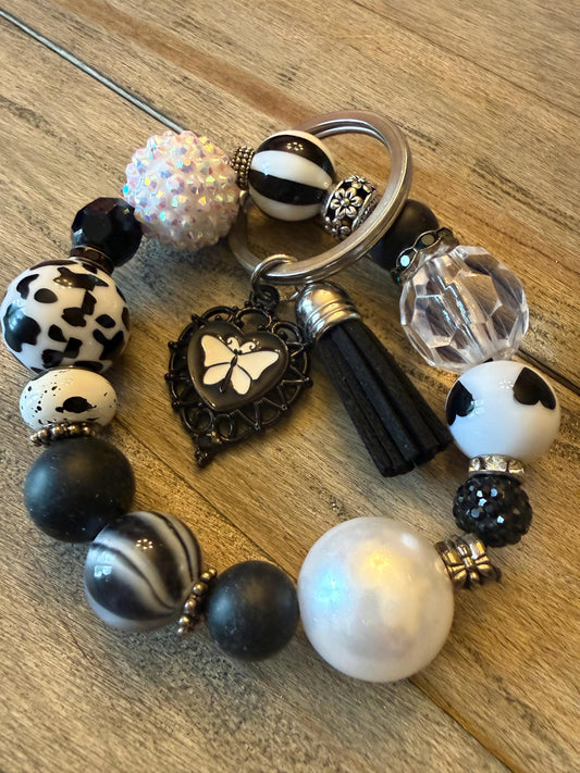 Beaded Keychain Bracelet: Black and White Butterfly Tassel Wristlet Rebel Wings