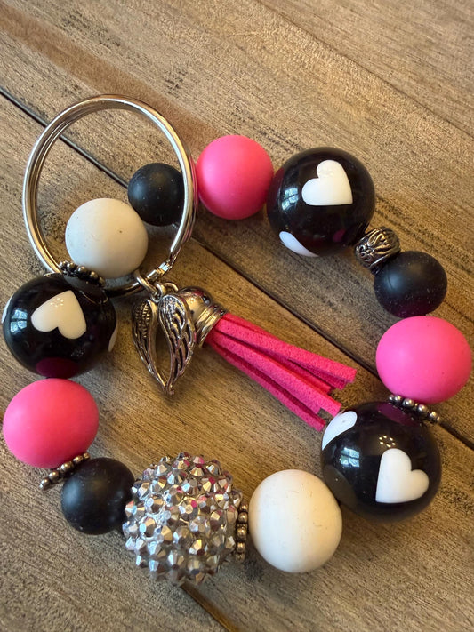 Black Pink Heart Beaded Wristlet Keychain | Sparkle Tassel Keyring Bracelet -Midnight Crush