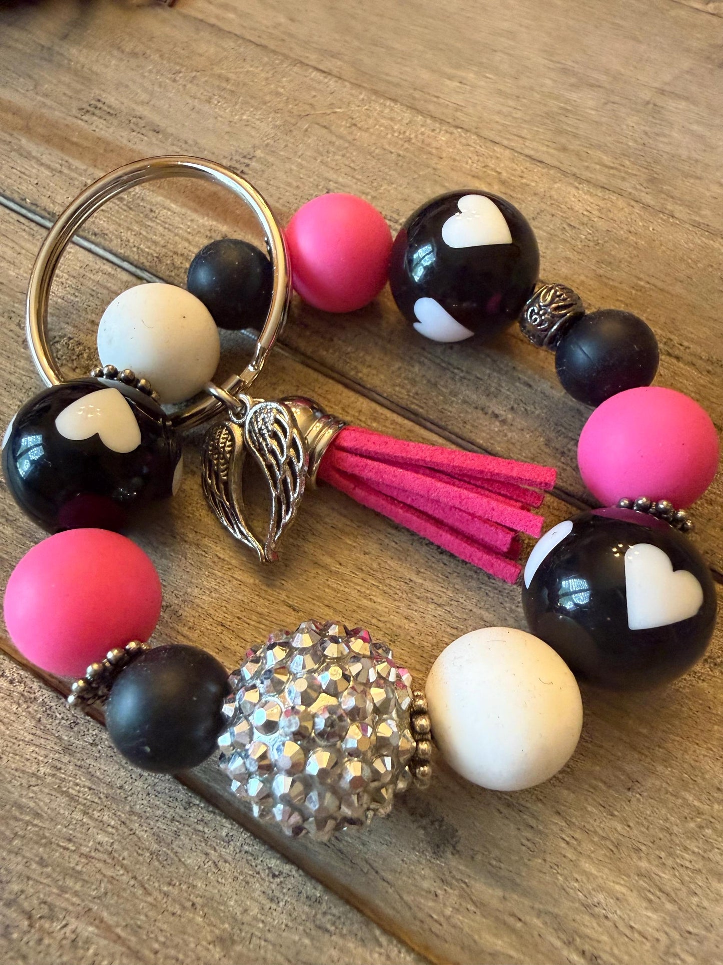 Black Pink Heart Beaded Wristlet Keychain | Sparkle Tassel Keyring Bracelet -Midnight Crush