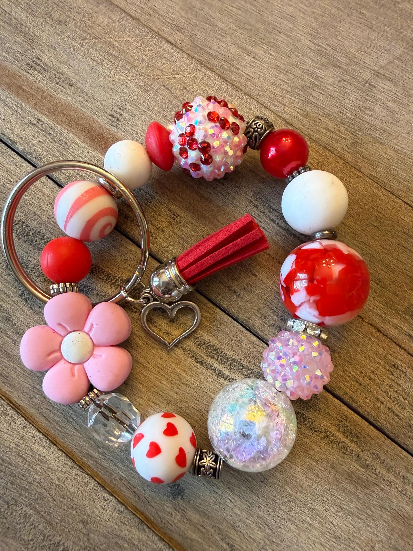 Cherry Blossom Crush – Pink & Red Beaded Wristlet Keychain with Heart Charm with Tassel