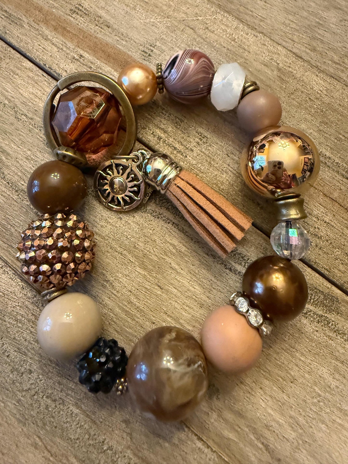 Beaded Wristlet Keychain Bracelet | Bronze, Blush, Champagne Silicone Beads, Sun Charm Tassel
