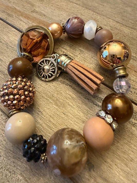 Beaded Wristlet Keychain Bracelet | Bronze, Blush, Champagne Silicone Beads, Sun Charm Tassel