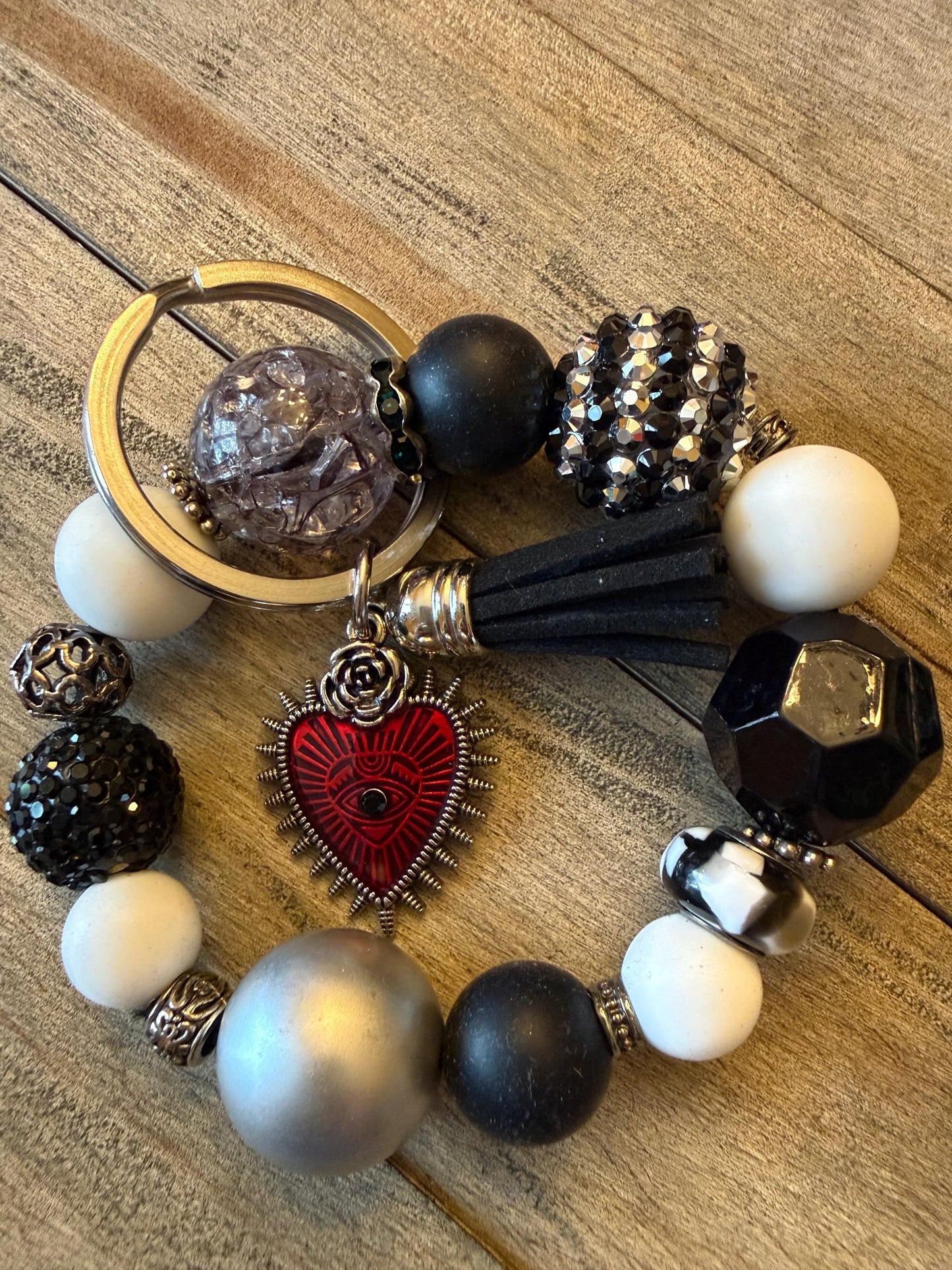 Enchanted Heart Bracelet Keychain | Black and Silver Beaded Wristlet | Heart Charm | Gift for Her