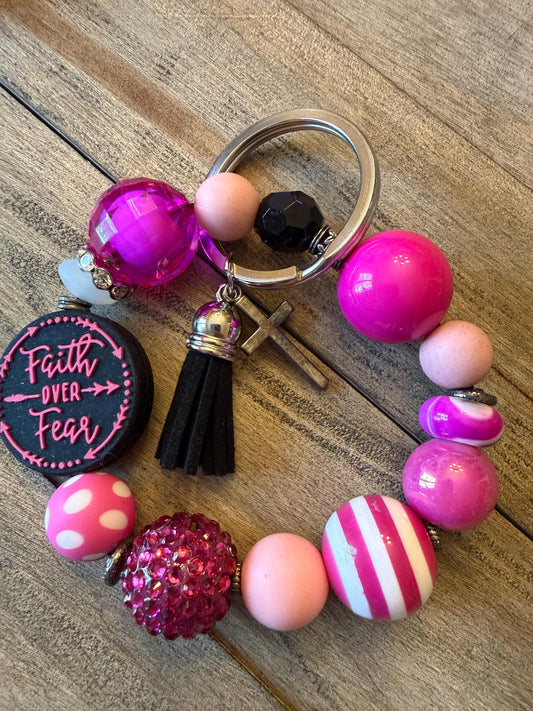 Faith Over Fear Beaded Keychain Bracelet – Christian Wristlet with Cross