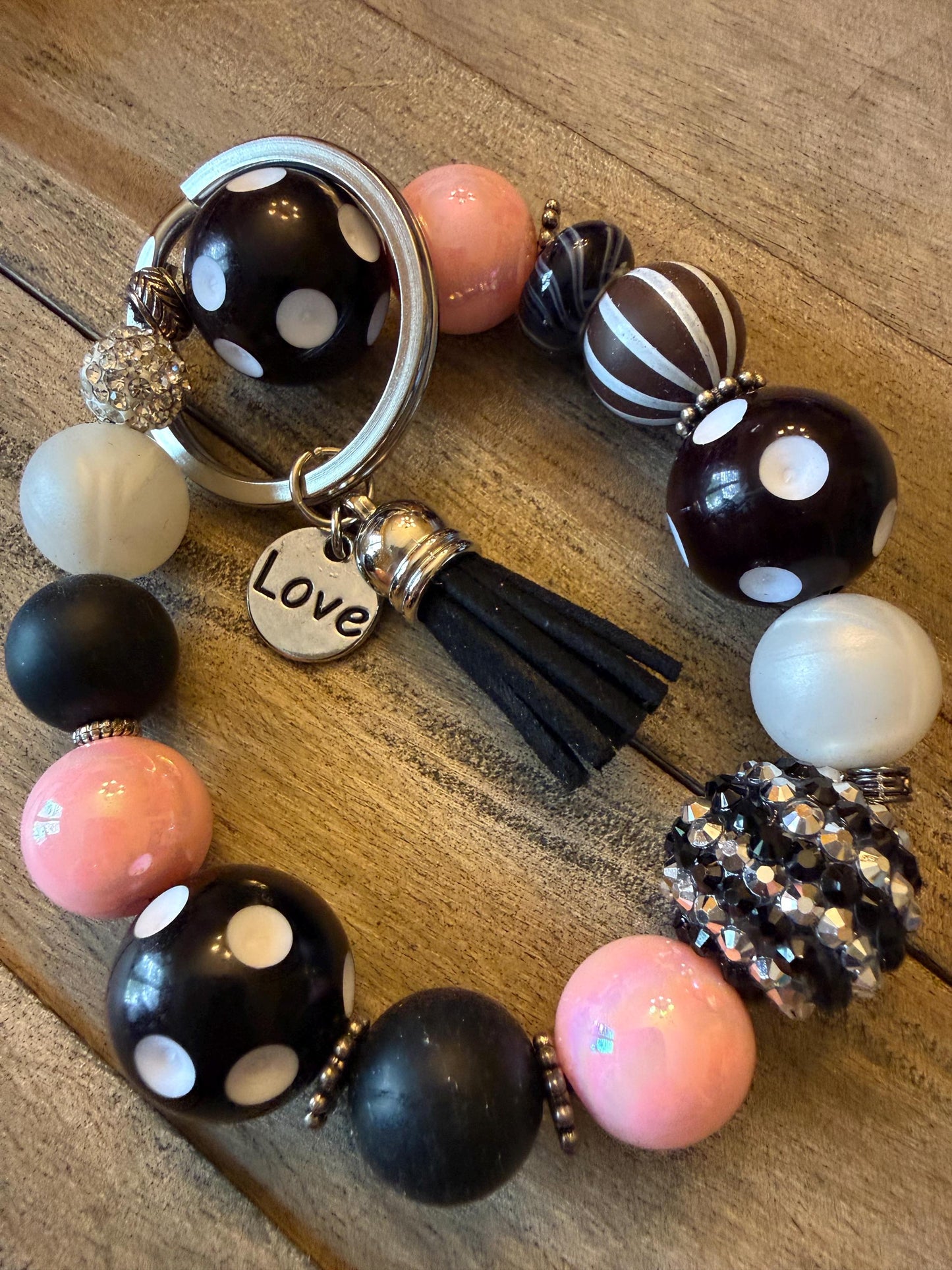 Handmade Beaded Keychain Bracelet – Pink, Black, and White Wristlet with Love Charm - Original Love