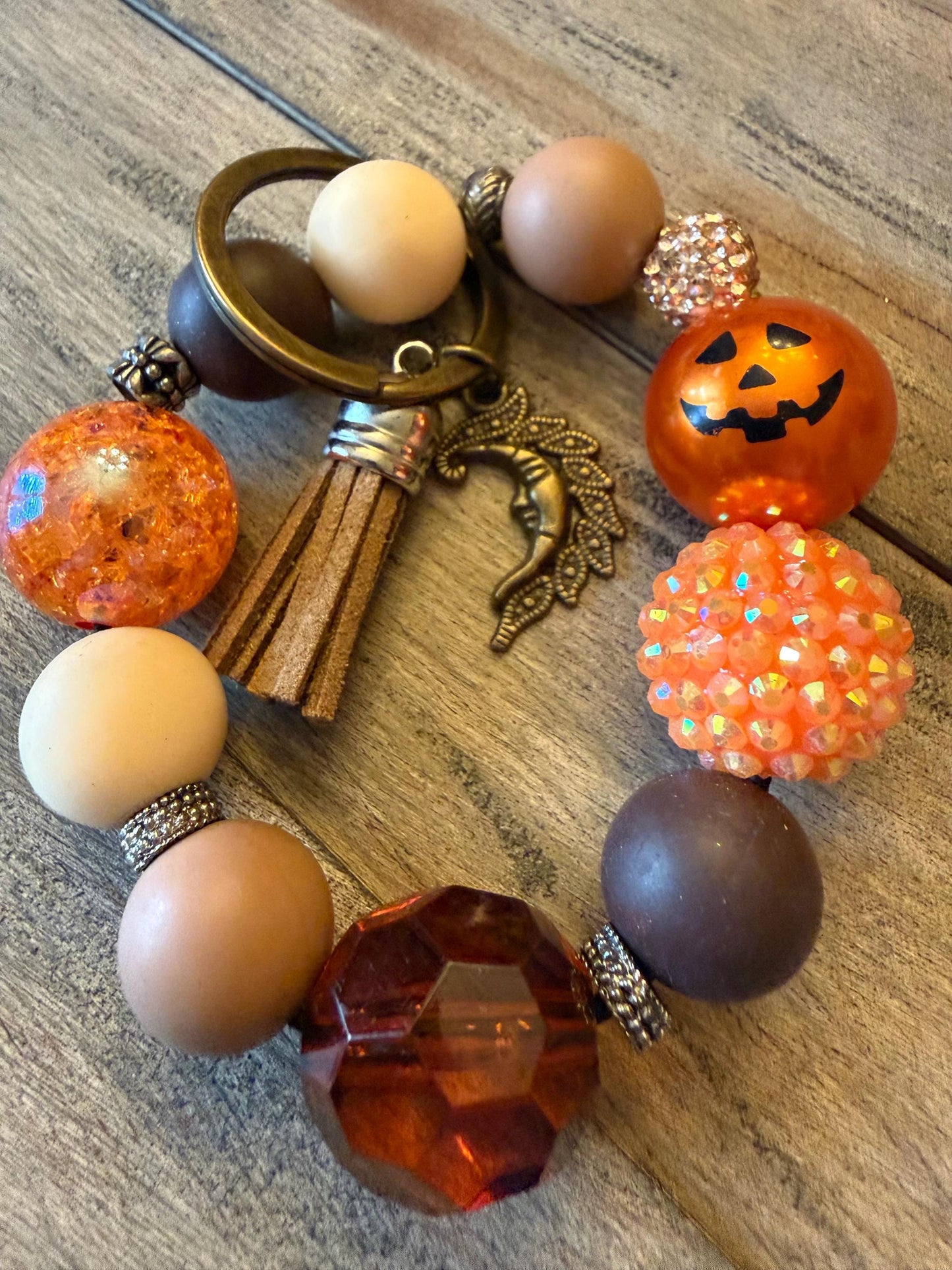 Jack o Glitz Pumpkin Chunky Orange Beaded Keychain Bracelet Halloween