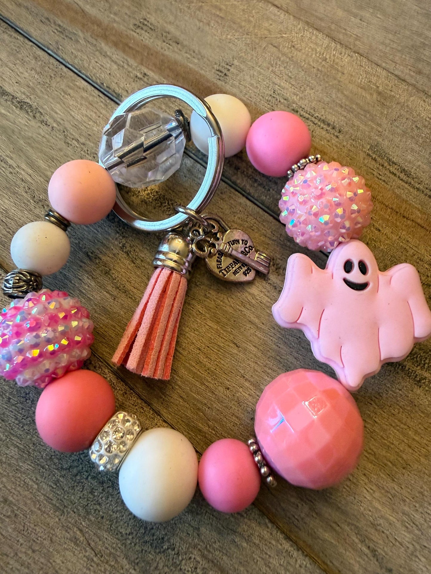 Pink Ghost Beaded Bracelet Keychain: Halloween Wristlet with Charms
