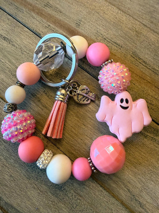 Pink Ghost Beaded Bracelet Keychain: Halloween Wristlet with Charms