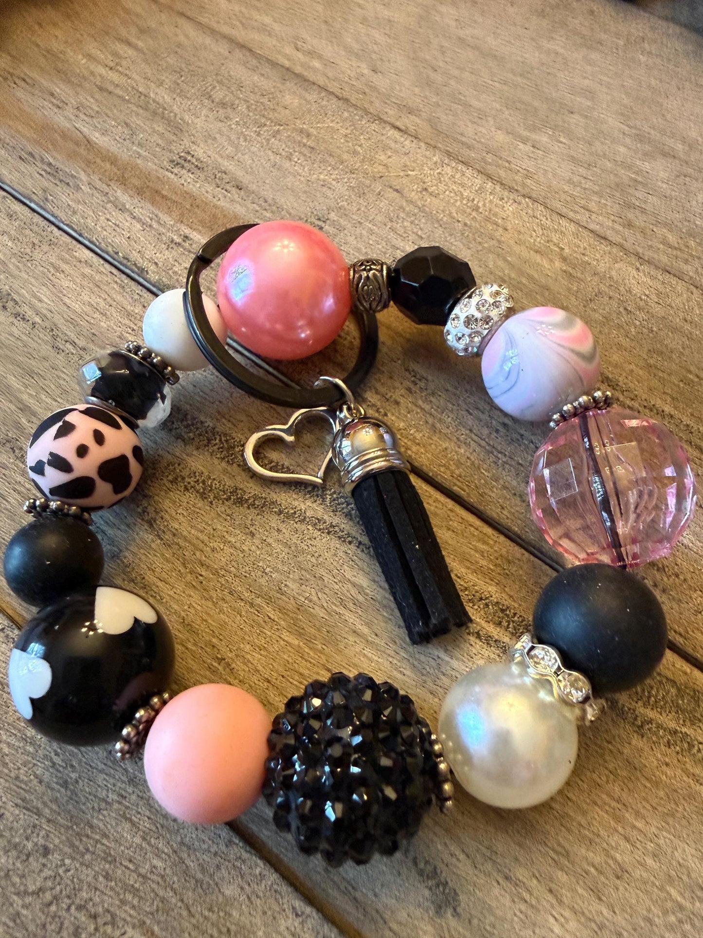 Pink Leopard Heart Beaded Keychain Wristlet | Black Tassel Charm Bracelet Holder