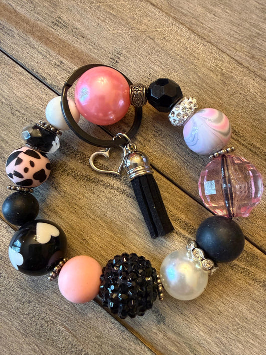 Pink Leopard Heart Beaded Keychain Wristlet | Black Tassel Charm Bracelet Holder