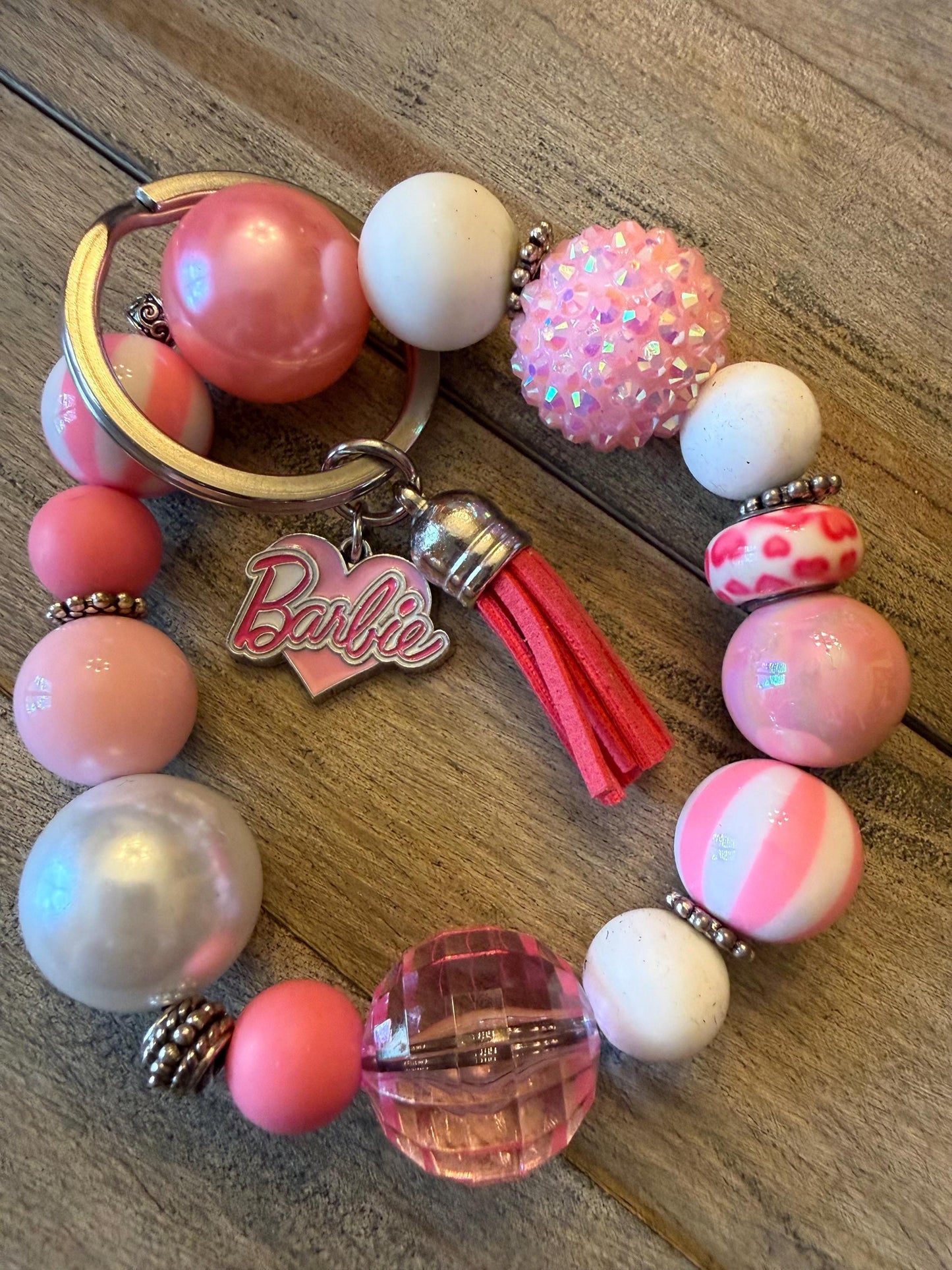 Barbie Inspired Pink Beaded Bracelet Keychain – Tassel Charm Bag Accessory