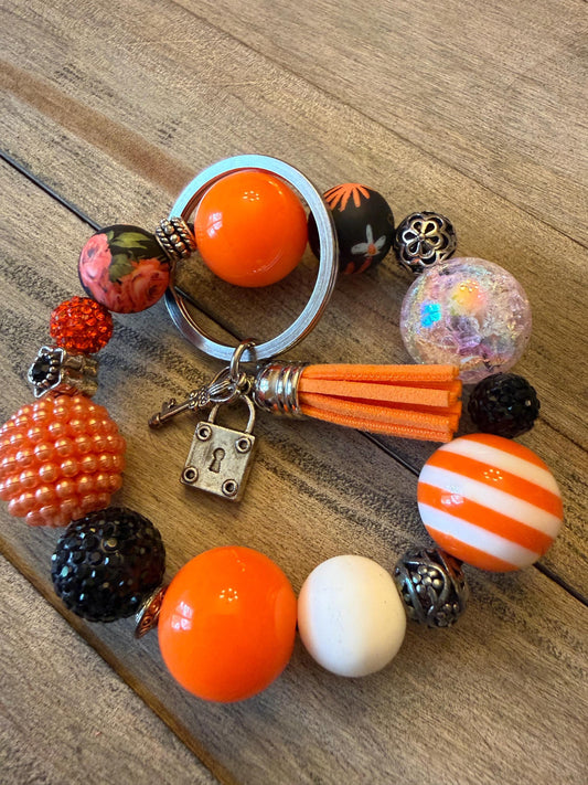 Pumpkin Spice Orange & Black Beaded Keychain Bracelet Halloween