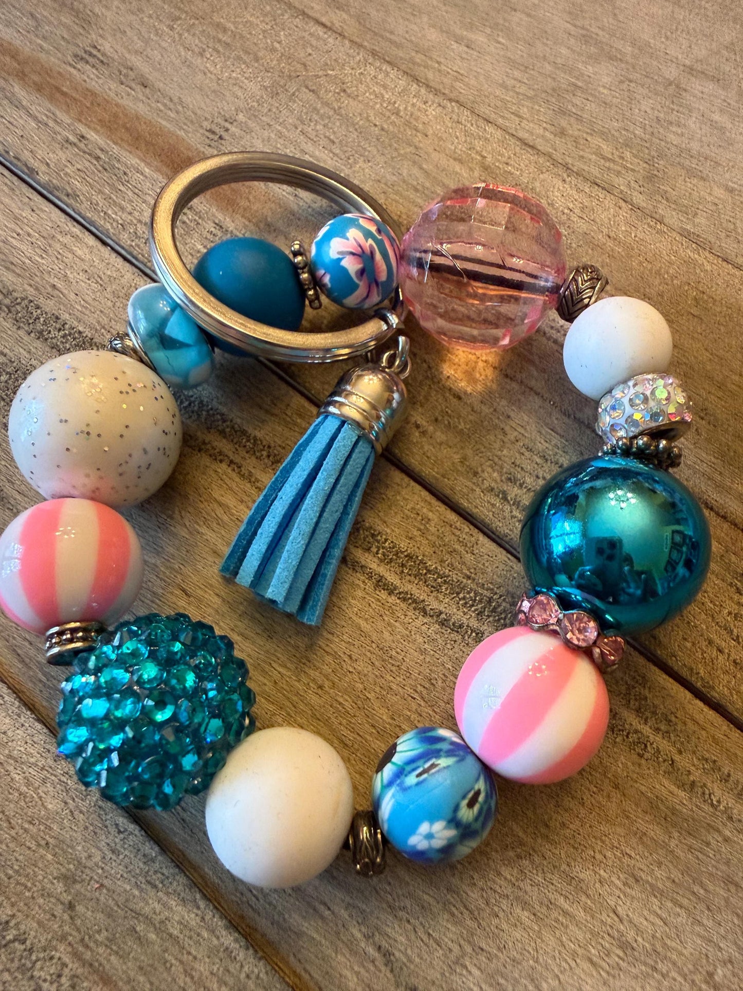 Saltwater Taffy Beaded Bracelet Keychain | Pink Teal Sparkle Wristlet