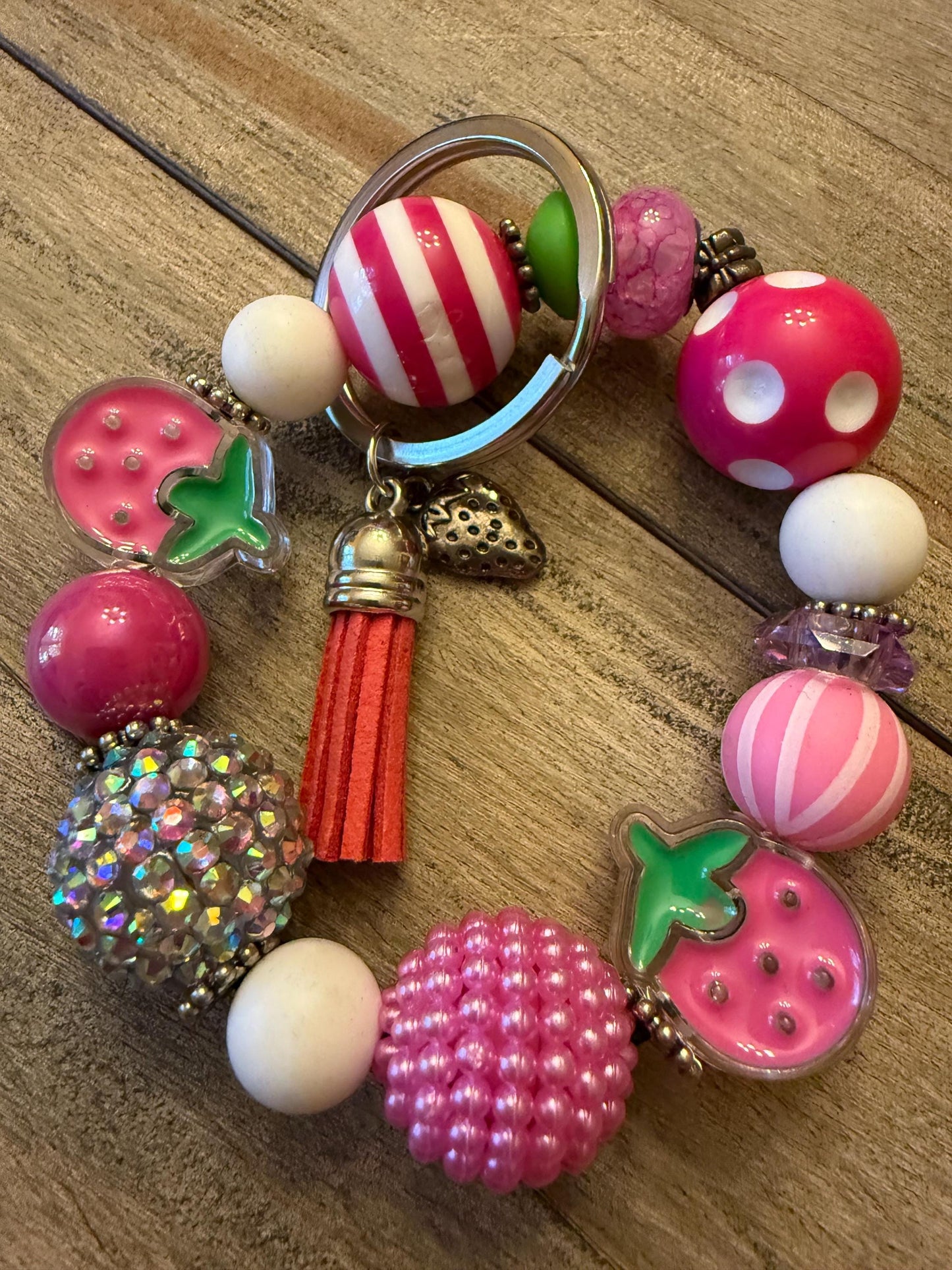 Strawberry Beaded Wristlet Keychain – Pink Polka Dot Berry Tassel Bracelet