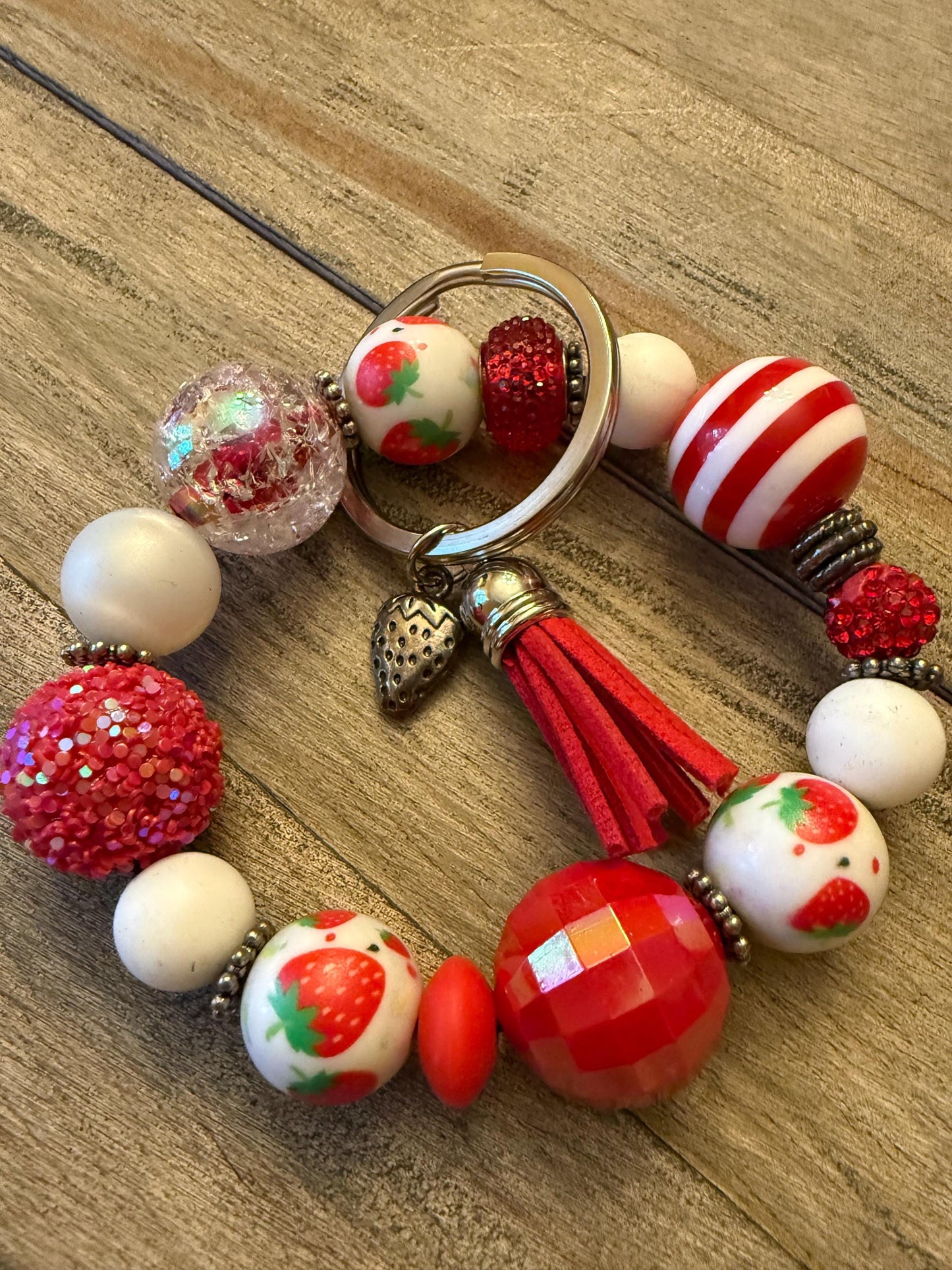 Strawberry Beaded Wristlet Keychain – Red Sparkle Berry Tassel Bracelet