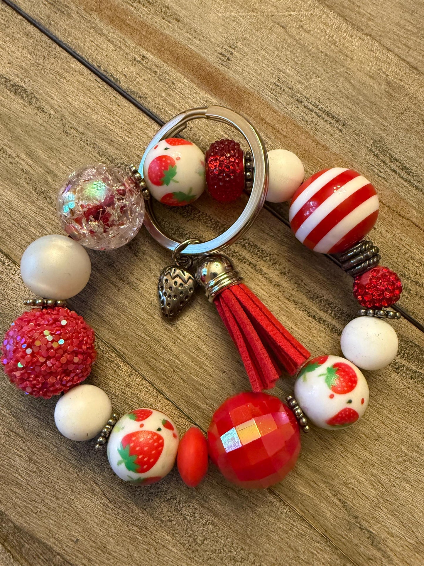 Strawberry Beaded Wristlet Keychain – Red Sparkle Berry Tassel Bracelet