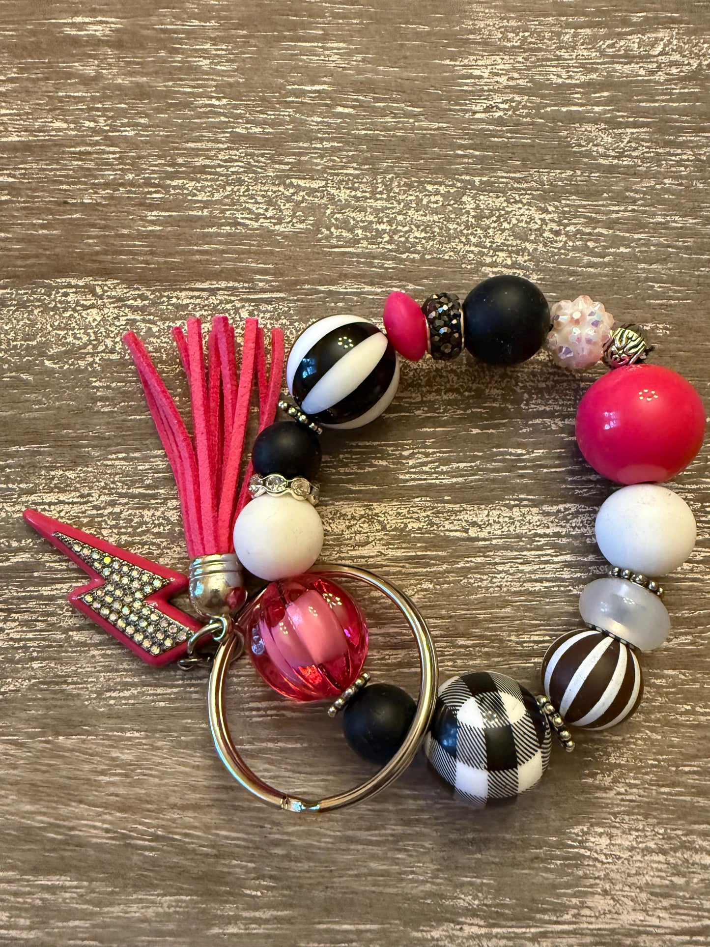 Pink Voltage Beaded Wristlet Keychain | Hot Pink, Black, Buffalo Plaid, Lightning Charm