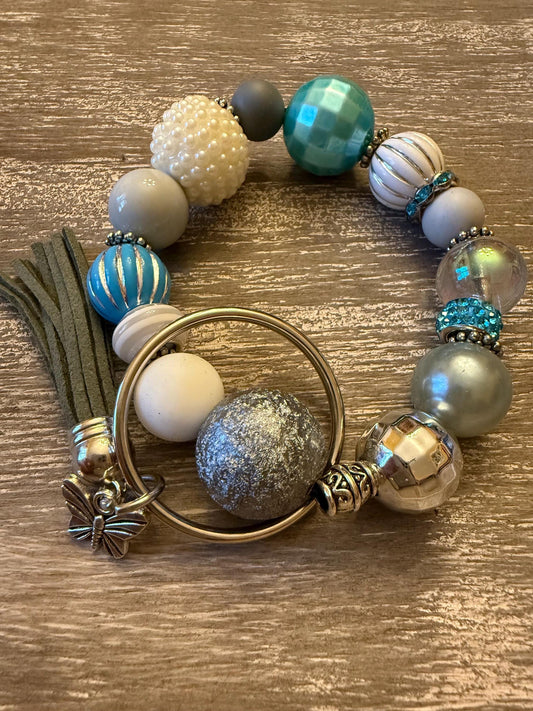 Silver Skies Beaded Wristlet Keychain | Teal, Silver, Pearl Butterfly Charm Accessory