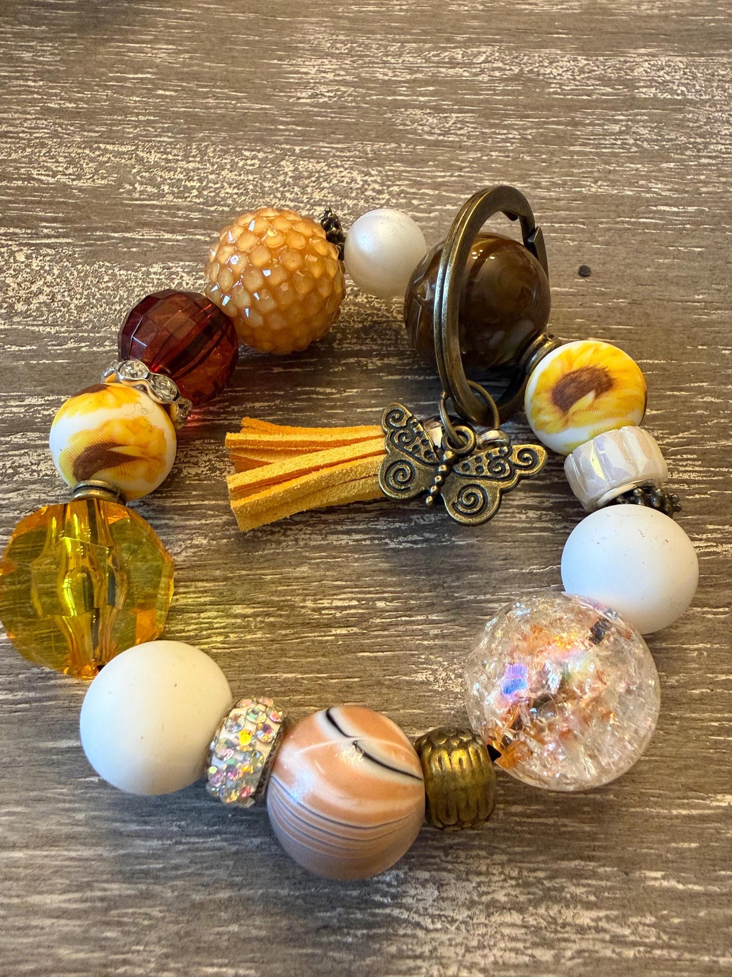Sunflower Beaded Wristlet Keychain Bracelet – Autumn Gold Tassel Accessory-Sunflower Sunset