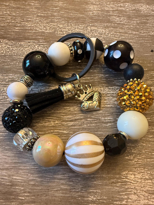 Black Gold Beaded Keychain Wristlet | Neutral Glam Bracelet Tassel Charm Golden Heiress