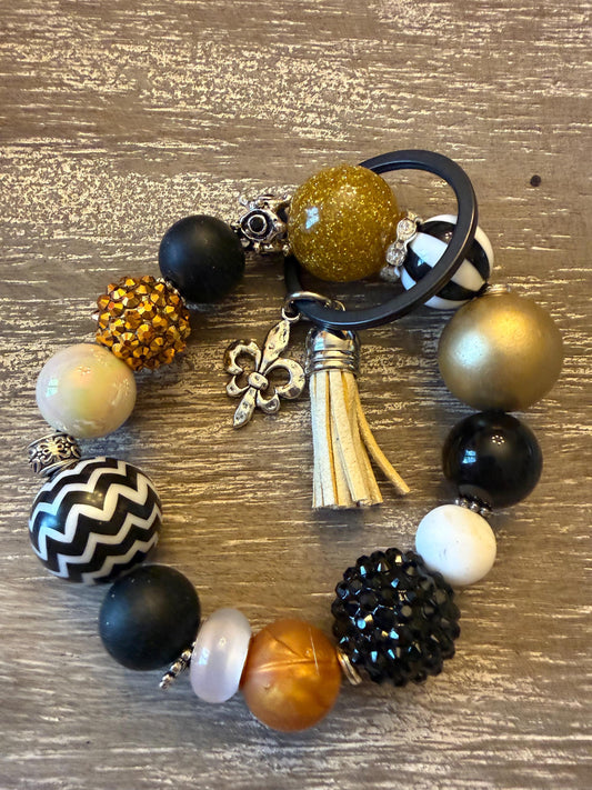 Black Gold Beaded Keychain Wristlet | Fleur de Lis Charm Bracelet | Glam Accessory