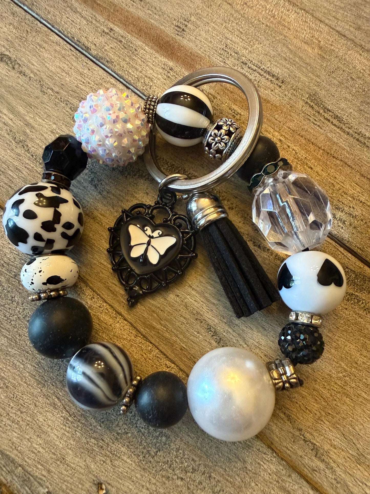 Beaded Keychain Bracelet: Black and White Butterfly Tassel Wristlet Rebel Wings