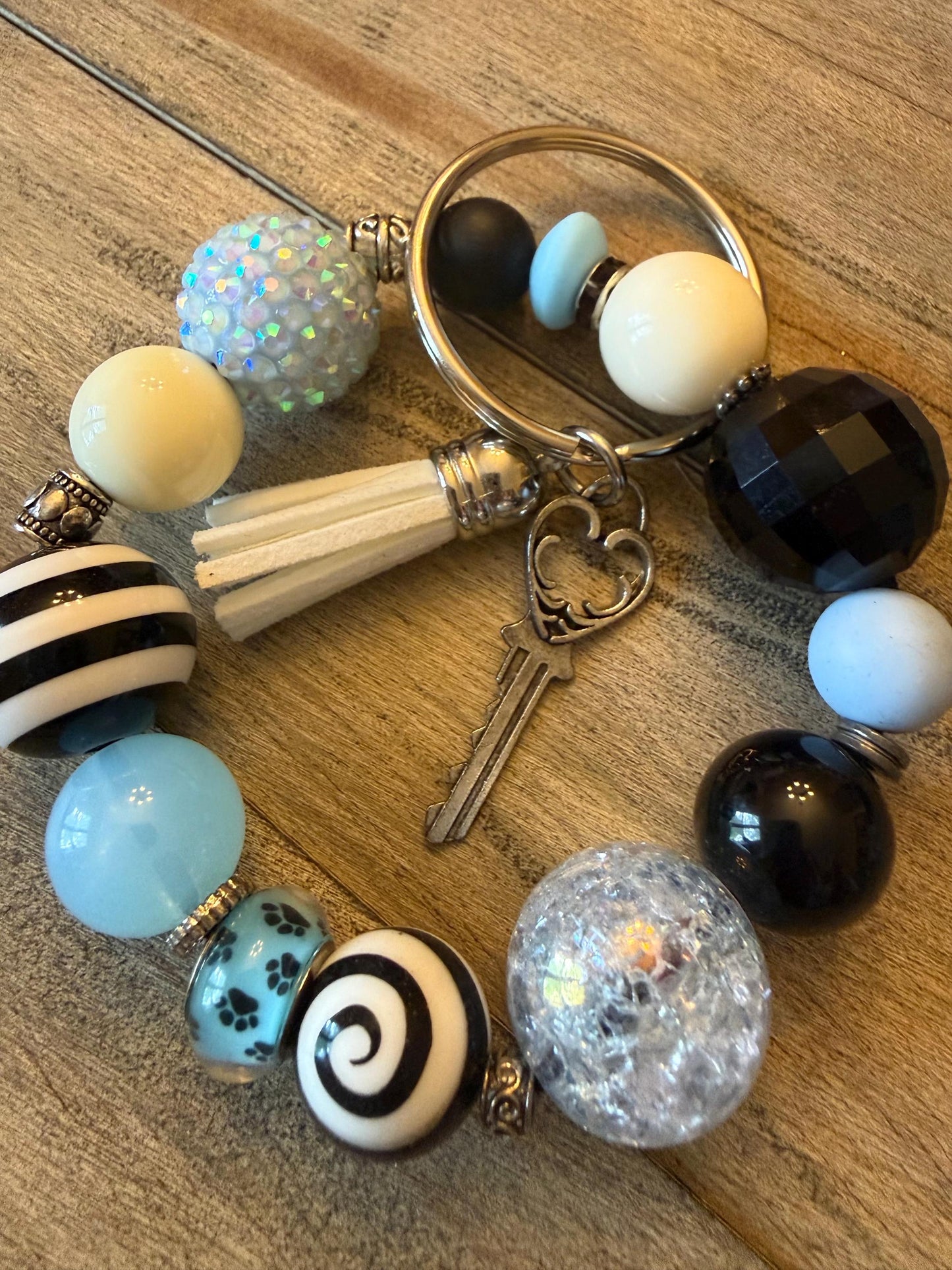 Beaded Keychain Wristlet – Black Blue Silicone Bracelet Key Ring, Coastal Chic Style